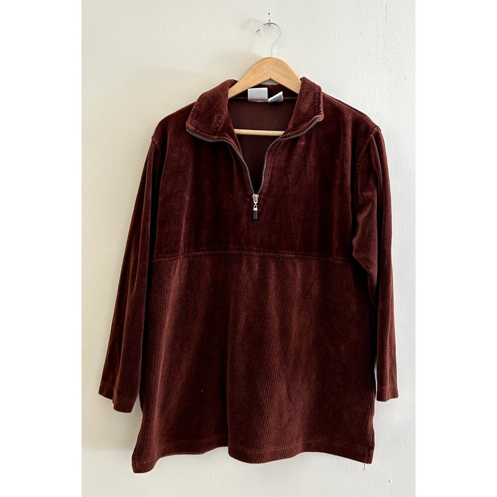 Vintage 80s 90s Disco Brown Velour Half-zip Long-sleeve Shirt Women's Large